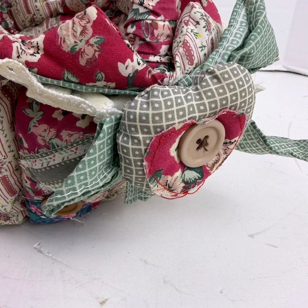 Handmade Quilted Patchwork Fabric Basket Floral Lace Button Country Cottage Red